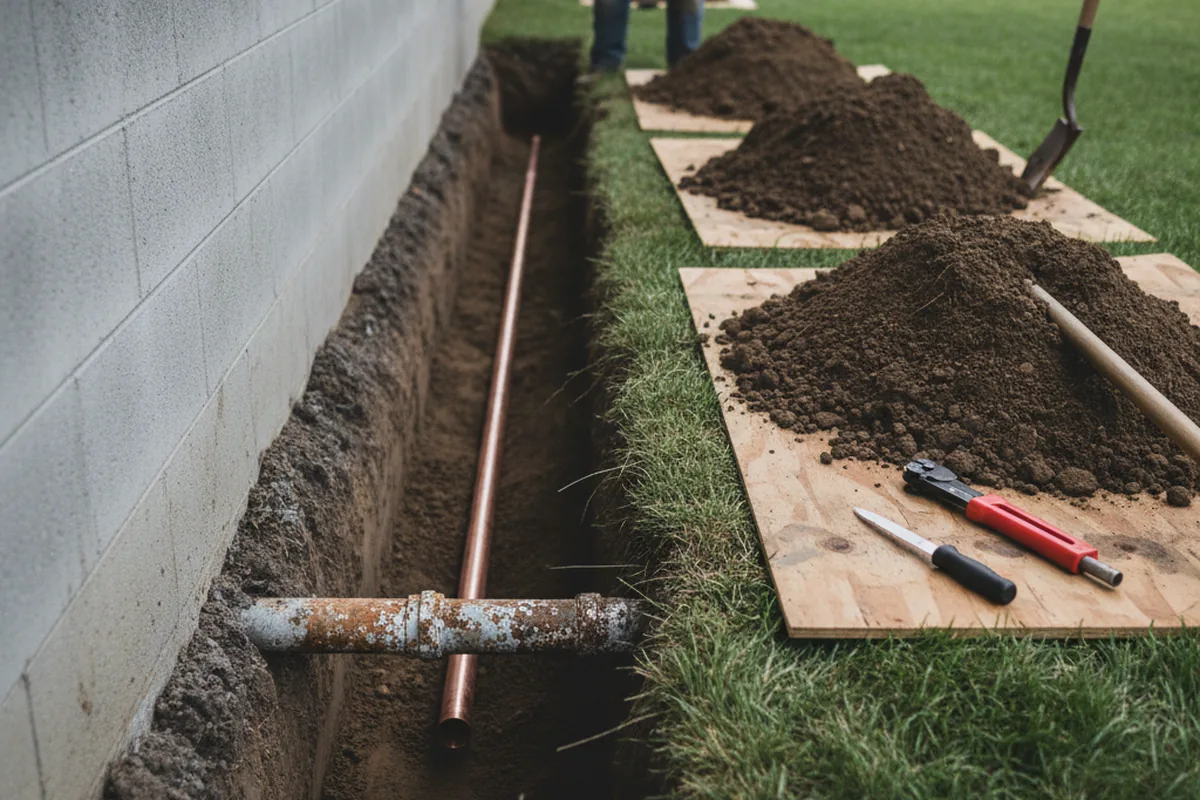 Excavated water line trench during Sewer Line Repair in Cypress